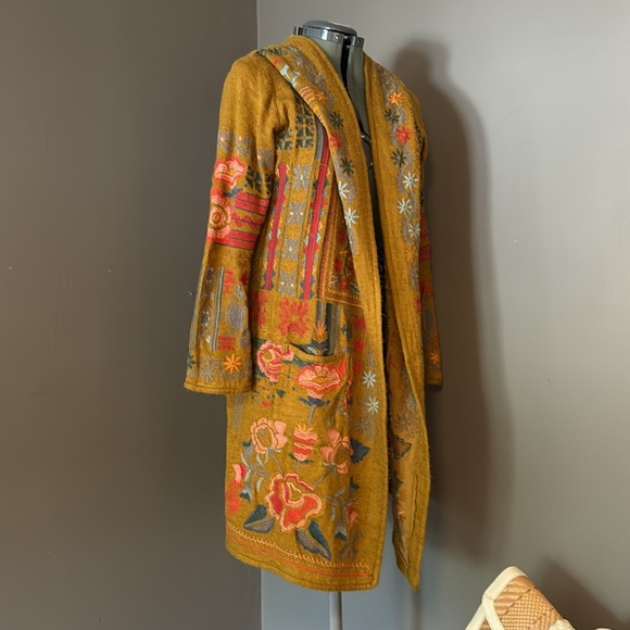 Johnny Was Biya S Heavily Embroidered Mustard Long Floral Knit Hoodie Cotton Mix - Picture 6 of 13